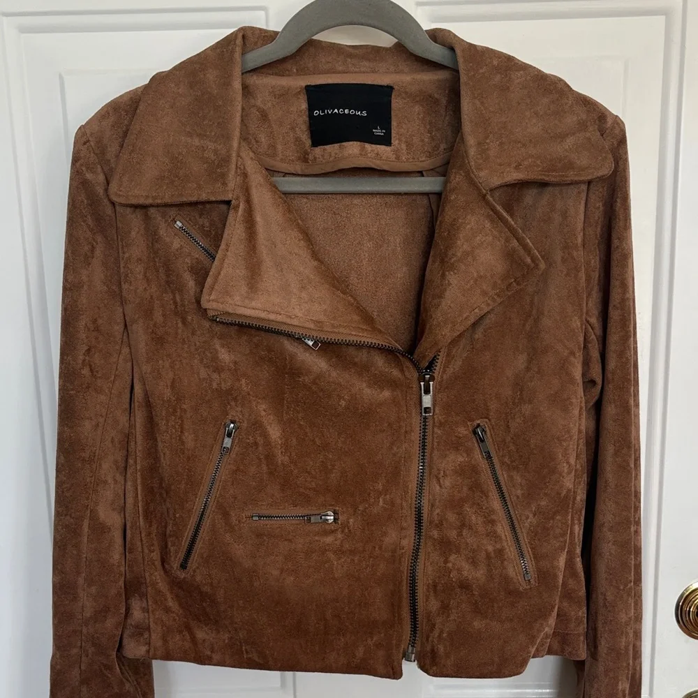 Olivaceous Brown Faux Suede Moto Jacket Size Large | Soft Zip-Up Biker Style - Picture 2 of 14